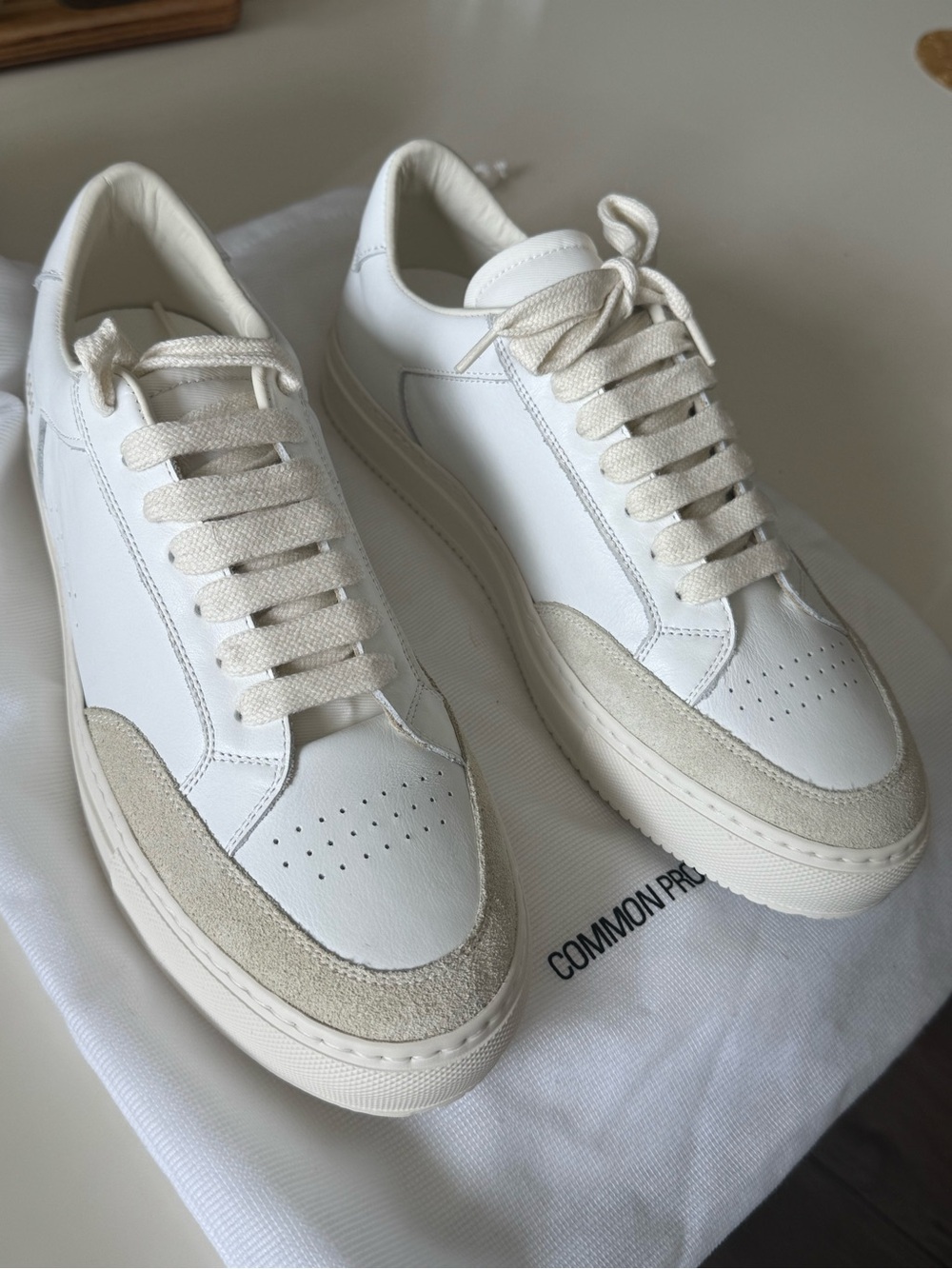 Common Projects White Leather Low-Top Sneakers with Cream Suede Accents